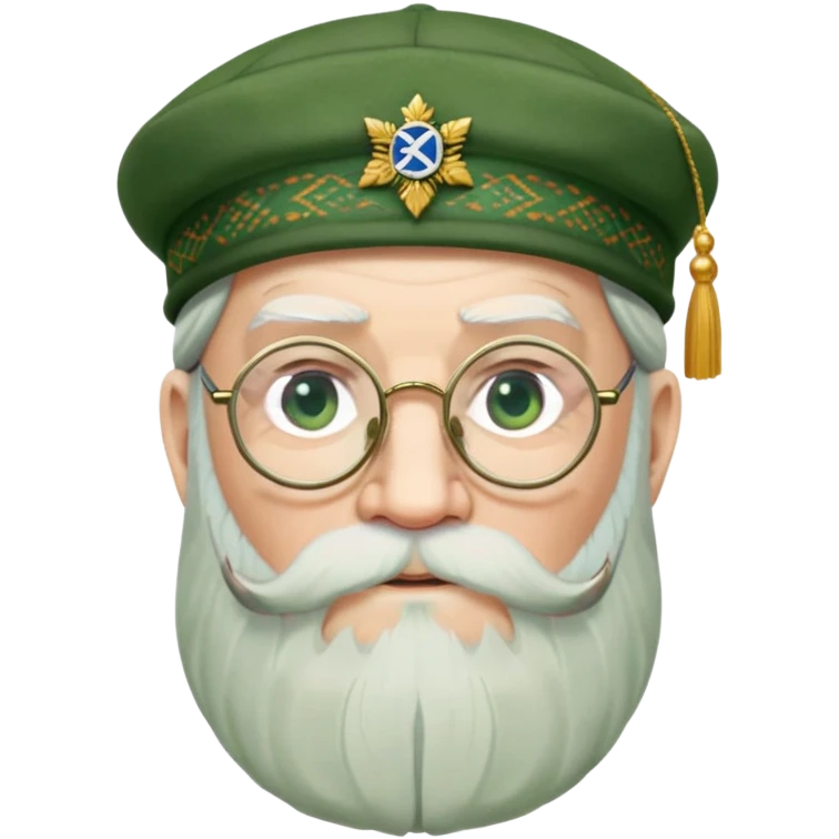 Dumbledore wear green scotland Tam o'shanter cap with decorative patterns, wear glasses, very long beard emoji