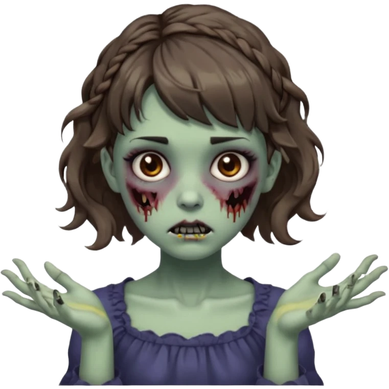 Cabelo ondulado  um pouco cheio e franja curta  Olhos marrons e pequenos e feita d ezumbi mais bonita com cabelo amarro na e com as mãos assim tipo assim🧟‍♀️ emoji