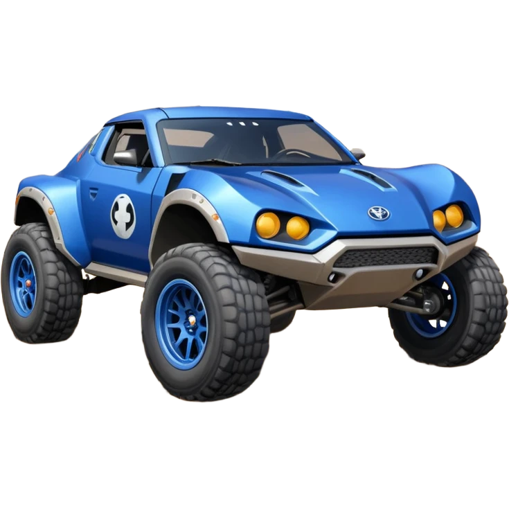 Mandalorian evil night blue Dirty and dented Local Motors Rally Fighter off road race car hot rod meets 2013 Toyota 86 trophy truck-style basher flying on a dusty road (silver wheels) emoji