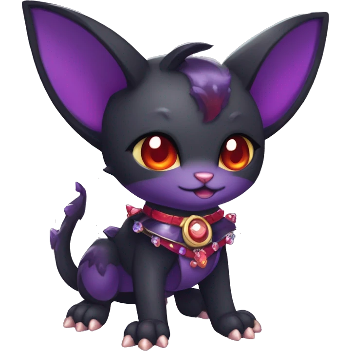 cool kawaii black purple red ethereal fantasy beautiful elegant nargacuga-bat-cat-Fakemon wearing legs spats a collar harness with jewelries full body emoji