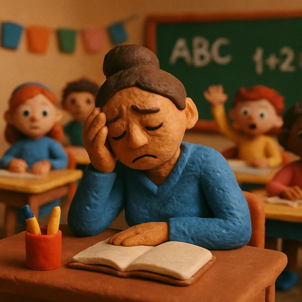 exhausted teacher in a bustling classroom emoji