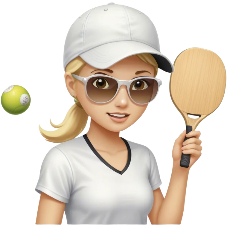 Girl with blond hair in a ponytail wearing a white baseball cap and sunglasses playing pickleball emoji