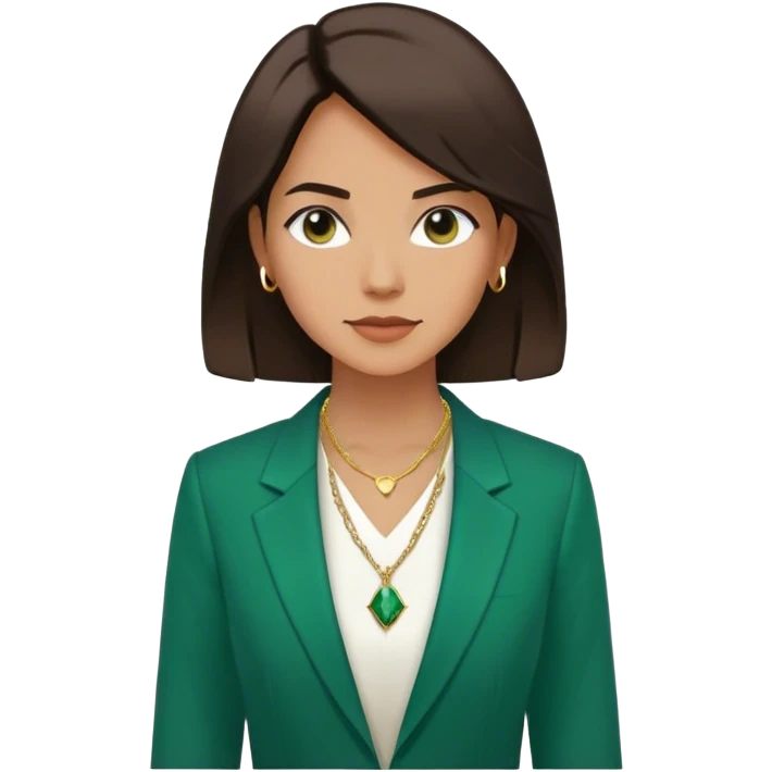Emoji femenino con cabello suelto corto hasta los hombros castaño oscuro. Tono de piel bronceado. Viste blazer color verde esmeralda y blusa de vestir blanca. Lleva tres collares minimalistas color dorado sin piedra. Minimalista, clasico emoji
