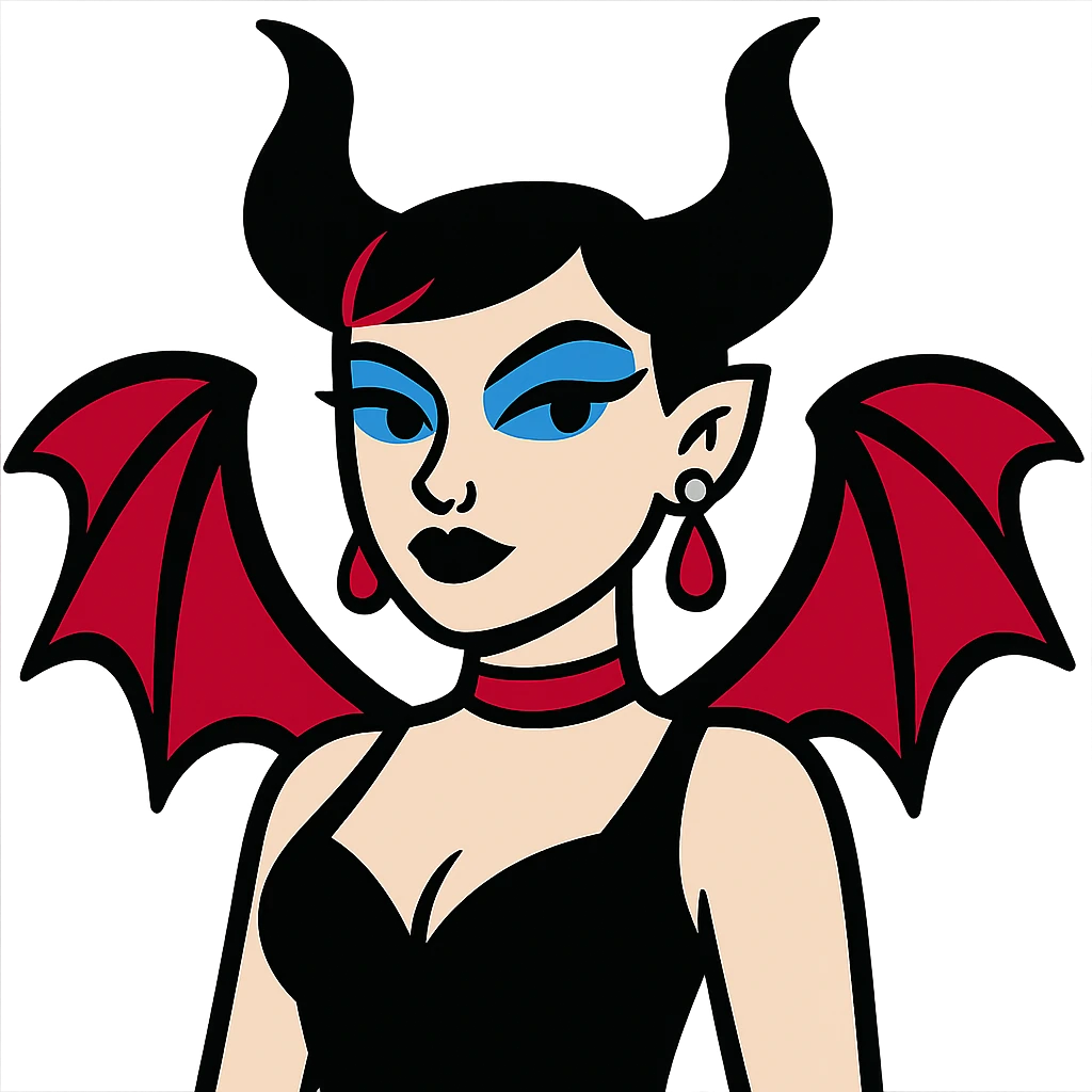 cartoon goddess with pale skin, short black and red hair, Maleficent horns, bat wings, black low-cut dress, red drop earrings and choker, blue cat-eye makeup, black lipstick, silver facial and ear piercings emoji