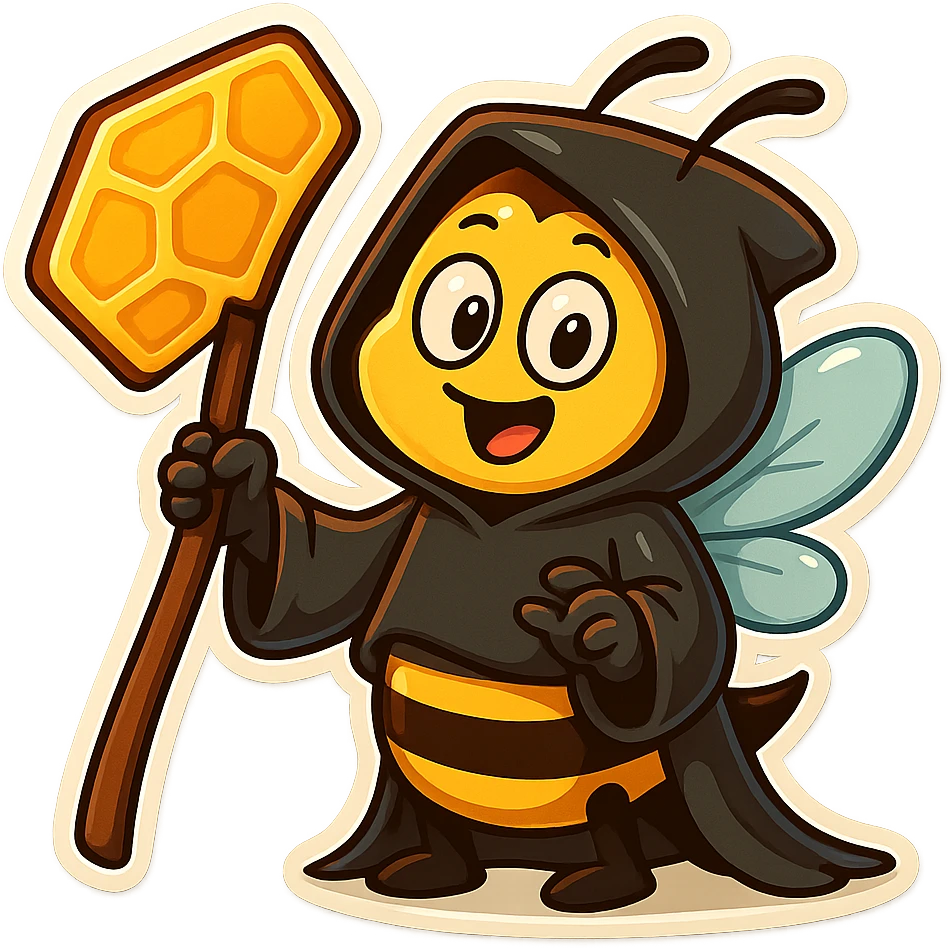 Replace the scythe with a honeycomb-shaped scythe, keeping the cartoon bee grim reaper playful and cute in retro stickers style. emoji