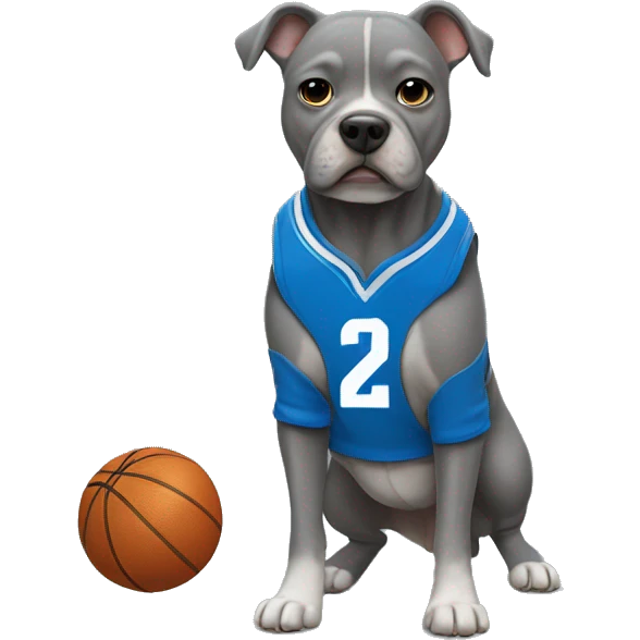 Gray Micro bully dog wearing a blue basketball jersey  emoji