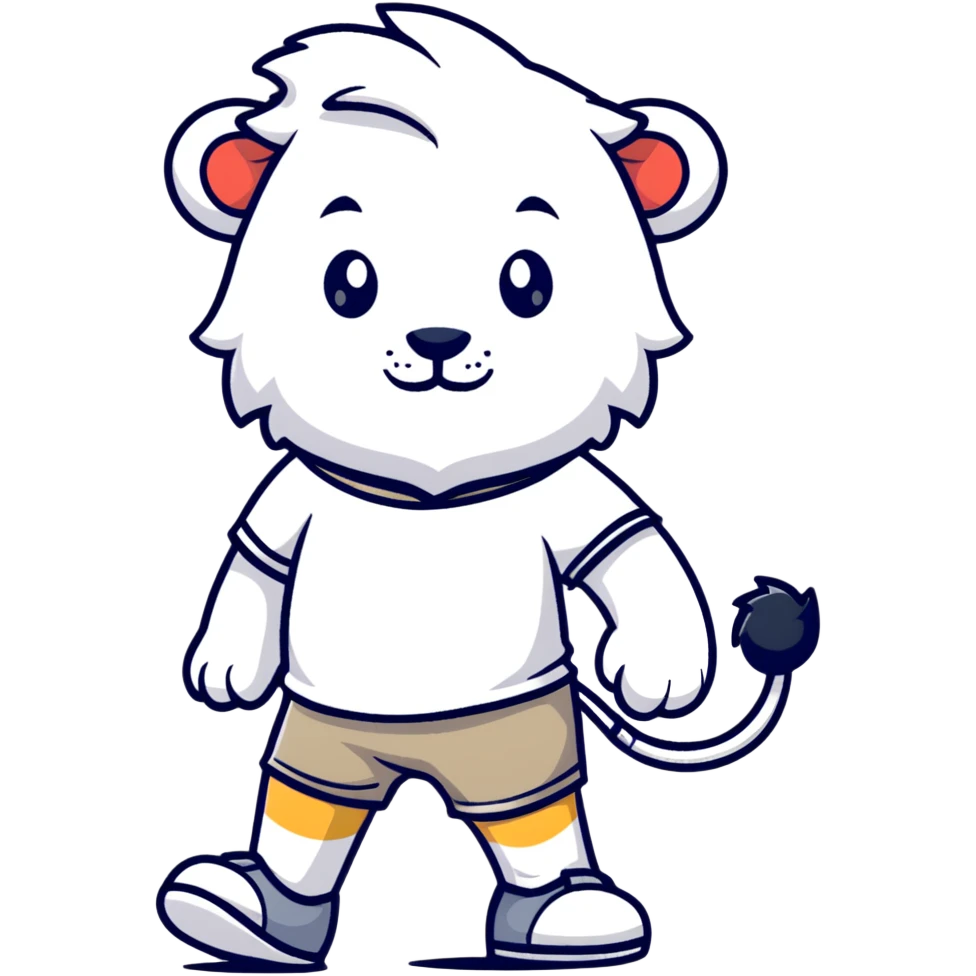 retro 1930s anthropomorphised lion in a t-shirt and shorts walking, grayscale emoji