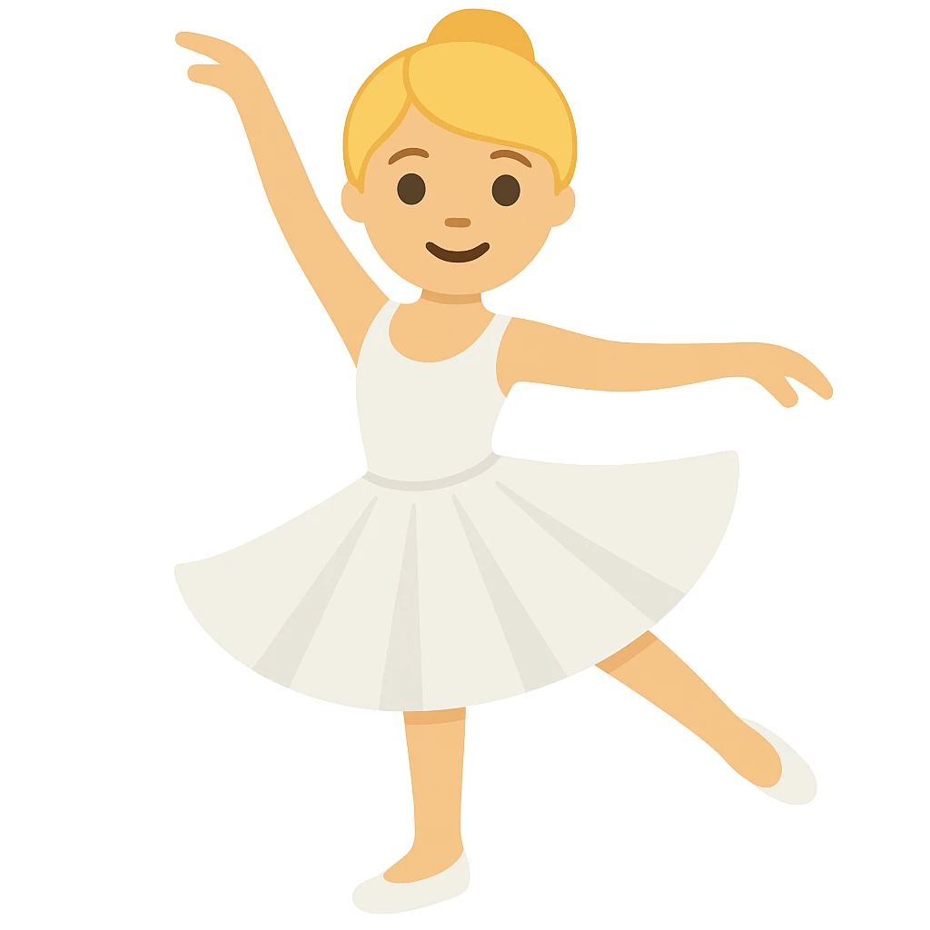 Generate another blonde female ballet dancer in a white dress, similar style and pose to the reference image, in emoji style. The style should mimic the look of apple style emojis with simple and concise features. emoji