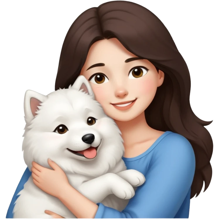 a shoulder-length brunette girl snuggles a cute smiling samoyed emoji