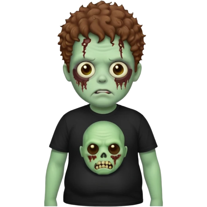 a zombie boy with brown curly hair and a fat double chin, with black t shirt emoji