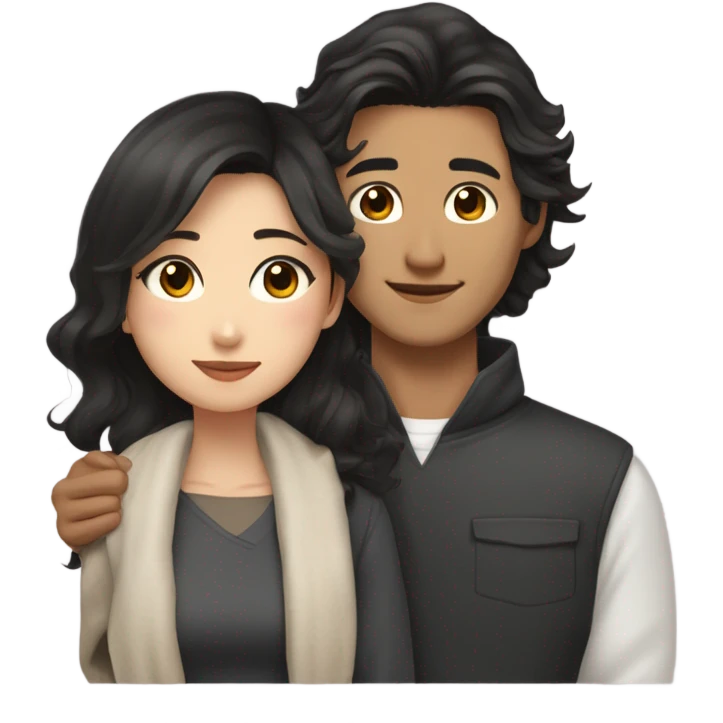 An Asian man with short dark hair and amber eyes embracing and loving a half Asian woman with long wavy dark hair and dark hazel eyes. They love each other a lot And have good fashion taste. emoji