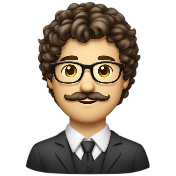 jeune homme cheveux long bouclé et brun, fine lunette et moustache emoji