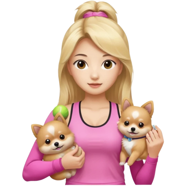 An Asian lady with long, blonde balayage hair, blonde highlights, wearing a pink gym outfit, holding a Pomeranian emoji