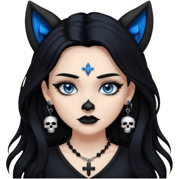 A girl with long black hair and blue eyes, black eyeshadow, black eye liner, mascara, and black lipstick, and black skull earrings. Also a black sexy dress and wolf ears  and a black pendent necklace and a black cross below her right eye emoji