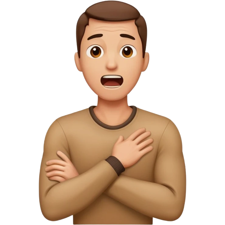 Man with crossover arms around neck yelling emoji