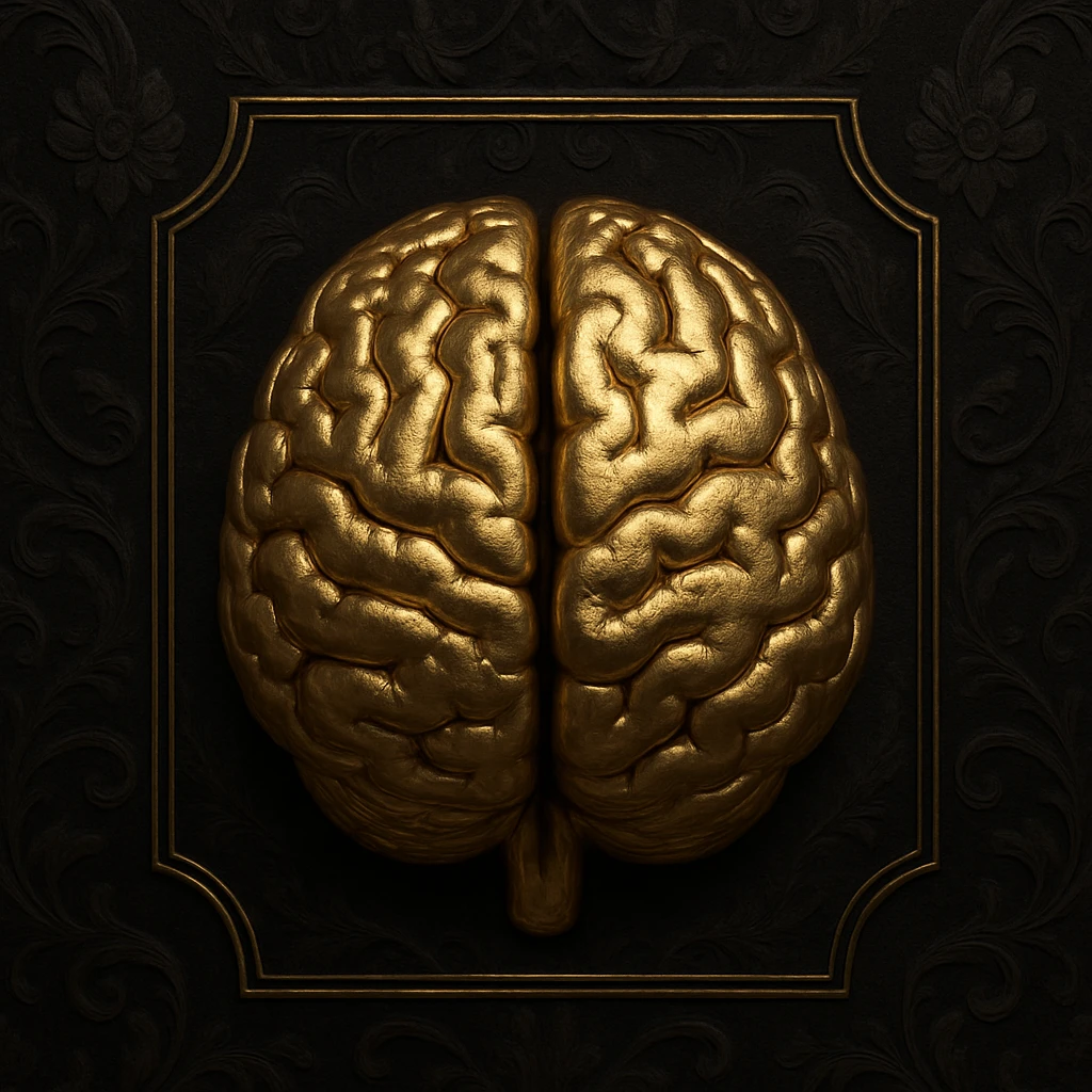 ultrarealistic 3d metallic gold brain symbol, with a dark black background featuring intricate Victorian silk patterns and gothic floral elements, classic and arcane. The brain is the focus, inside a thin, stylized frame that contours the brain, spotlighting the center. High definition, mysterious, and elegant. emoji