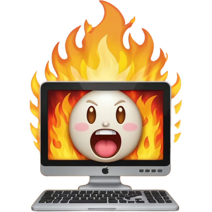 a computer screaming in excitement, fire behind it emoji