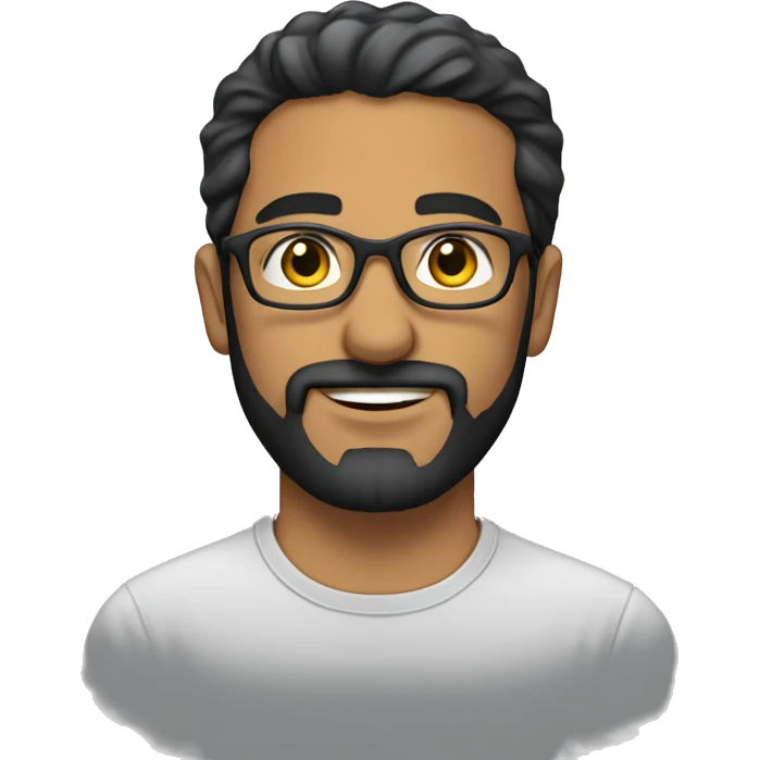 Middle Eastern man wearing t-shirt, black short hair, beard and glasses emoji