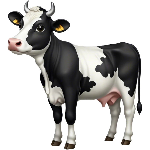 Cinematic Noble Black and White Cow Portrait Emoji, Poised and regal, with a large, sturdy build and a striking, well-groomed coat of pure black accented by crisp white patches, deep-set soulful brown eyes, Simplified yet sharp and sophisticated features, highly detailed, glowing with a soft, dignified glow, high shine, intelligent and calm, stylized with an air of modern elegance, focused and attentive, soft glowing outline, capturing the essence of a watchful and confident bovine guardian, so majestic it feels as though it could stride out of the screen with effortless authority! emoji