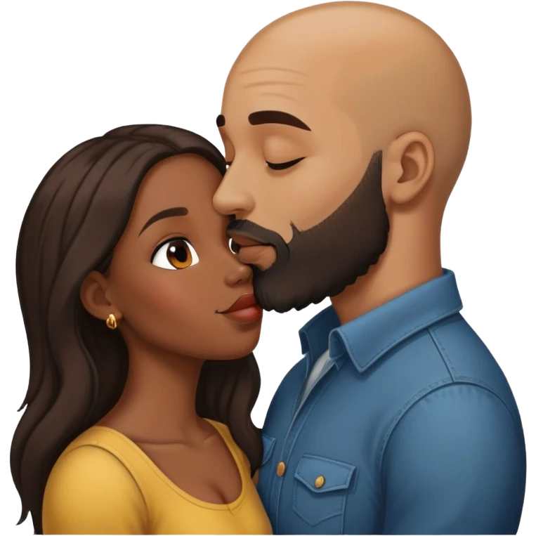 Brown bald man beard kissing black long hair woman with long hair emoji