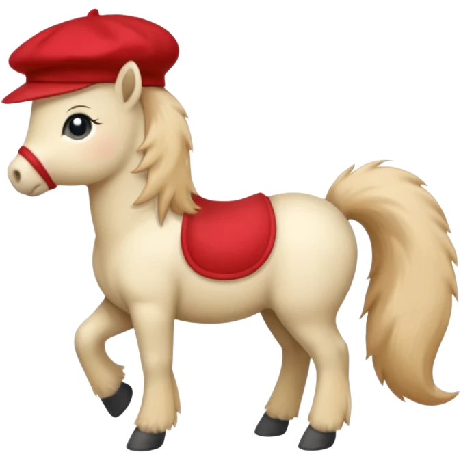 A cute pony (horse) emoji, full body, standing in side view, wearing a stylish red beret. emoji