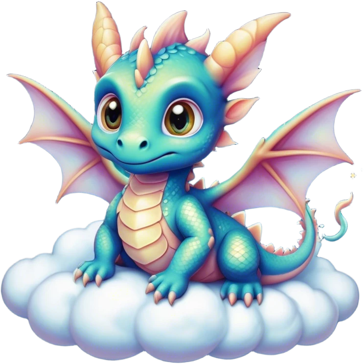 Airbrush painted image of an adorable little baby dragon with large glistening eyes sitting on a cloud under a deep galactic sky with pearlescent scales and wings spread against the stars emoji