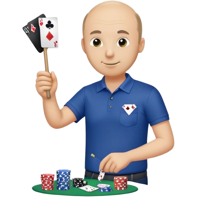 Balding guy, dark blue polo with a poker stick to pick up trash emoji
