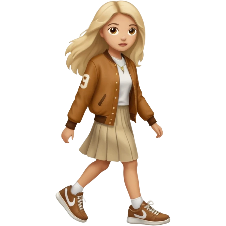 black color, light skin  long hair girl with brown varsity jacket and long skirt walking  emoji