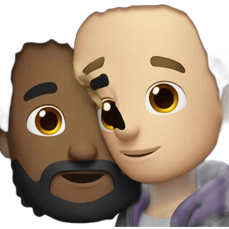 Two white guys with black hair hugging emoji