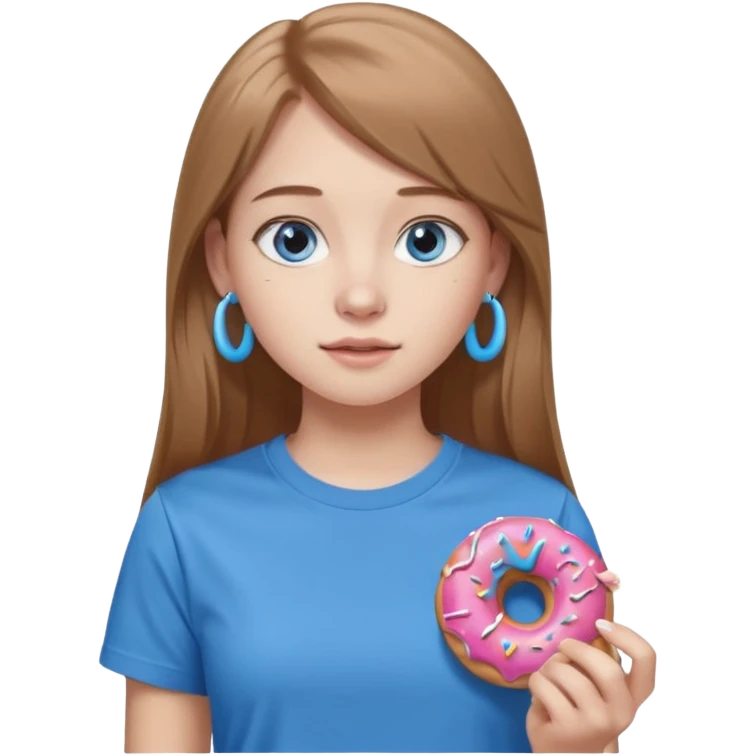 una ragazza dall‘ età di 19 anni con capelli castani chiaro lunghi e lisci ,  occhi celesti,  con addosso una maglietta con una ciambella e le cuffie airpods (bianche) ascoltando violetta emoji