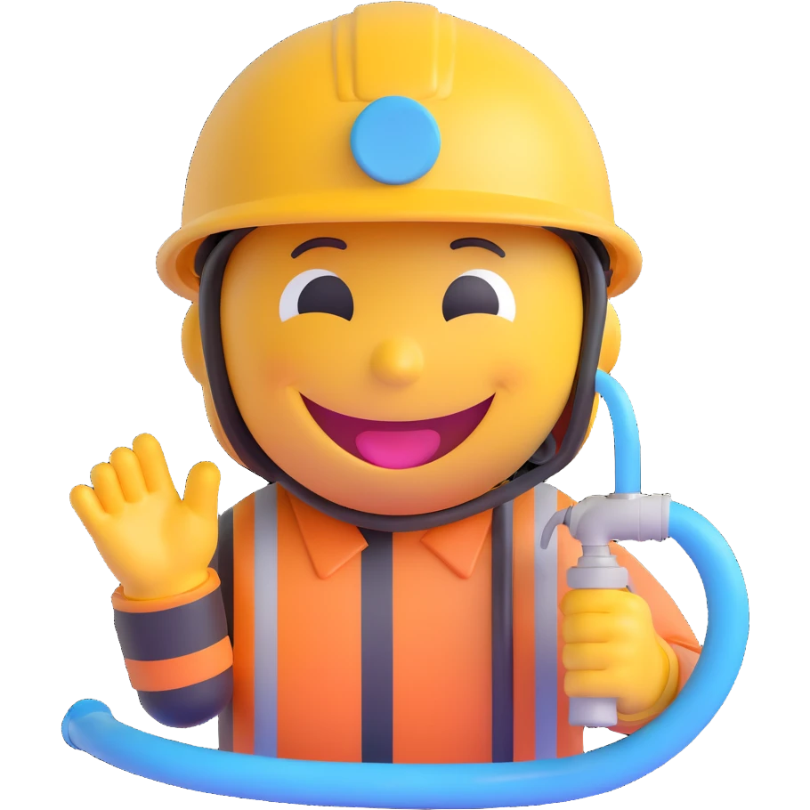 3D smiley emoji, round shape, firefighter: with water hose, wearing helmet, funny face emoji