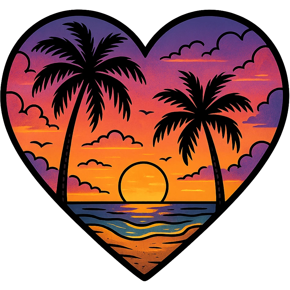 heart with a tropical beach theme, palm trees and sunset, clean digital illustration emoji