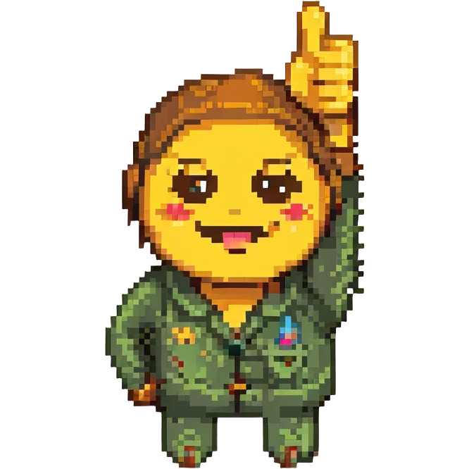 pixel art emoji character giving a thumbs up with 'thank you' text emoji