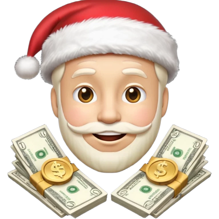 A confident rich emoji face wearing a Santa hat, money stacks, casino vibe, New Year theme, premium 3D emoji style, sharp details, no text, isolated on transparent background emoji