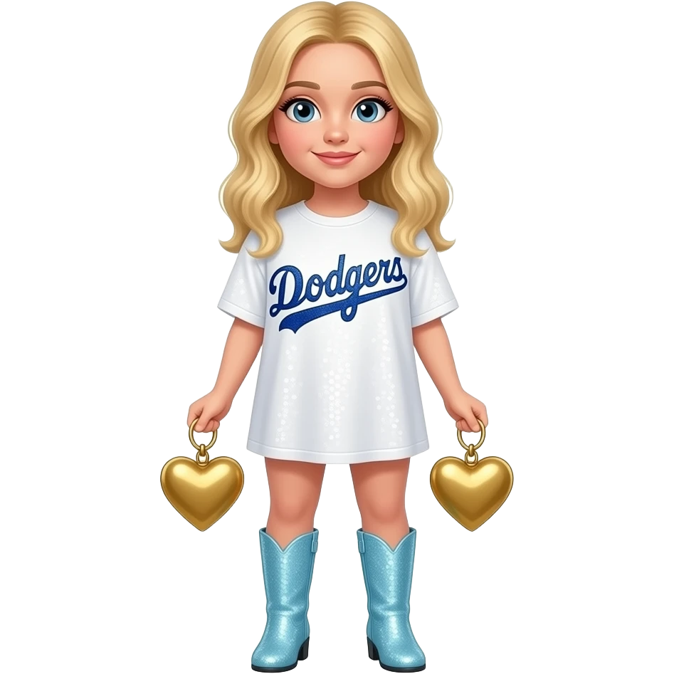 Sabrina carpenter blonde hair wearing an oversized sequin white tshirt that says Dodgers in navy blue sequins. 69 in bottom right corner. Kiss mark in top left corner. light blue sequin boots with a gold heart hanging from each of them emoji