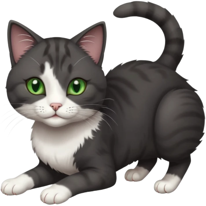 beautiful female solid dark grey cat with green eyes, white toes/paws and white patch on her chest playfully rolling upside down emoji