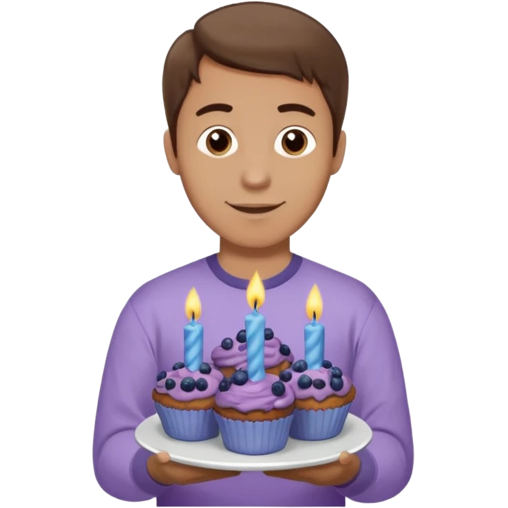 Make a white man with brown hair wearing a shirt that says happy b day Virginia holding a blueberry muffin with a birthday candle in it. Have him holding multiple muffins and no candles in hand. Have him wearing a purple shirt. He should still be a white guy in a light purple shirt emoji