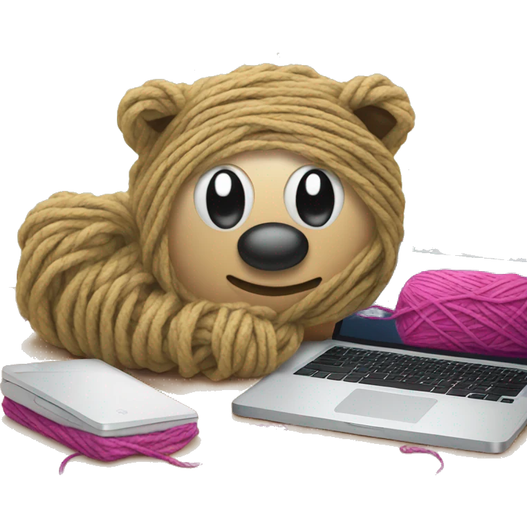 Laptop on a bed with a ball of yarn emoji