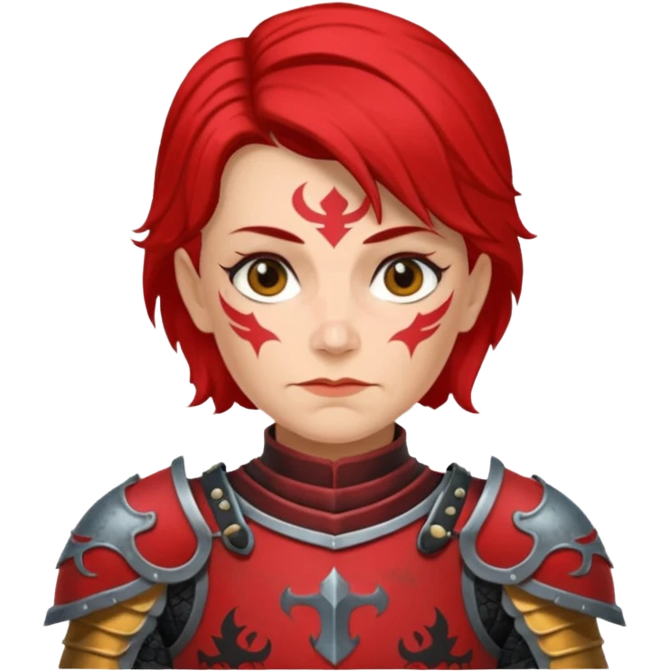 Elderly Tattooed Knights female, with medium hair, red and black armour emoji