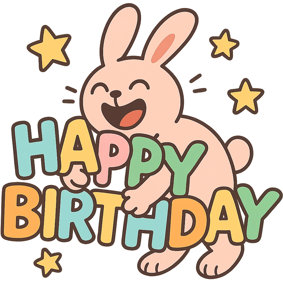 laughing bunny hugging "Happy Birthday" letters with stars, pastel-toon style, transparent background emoji