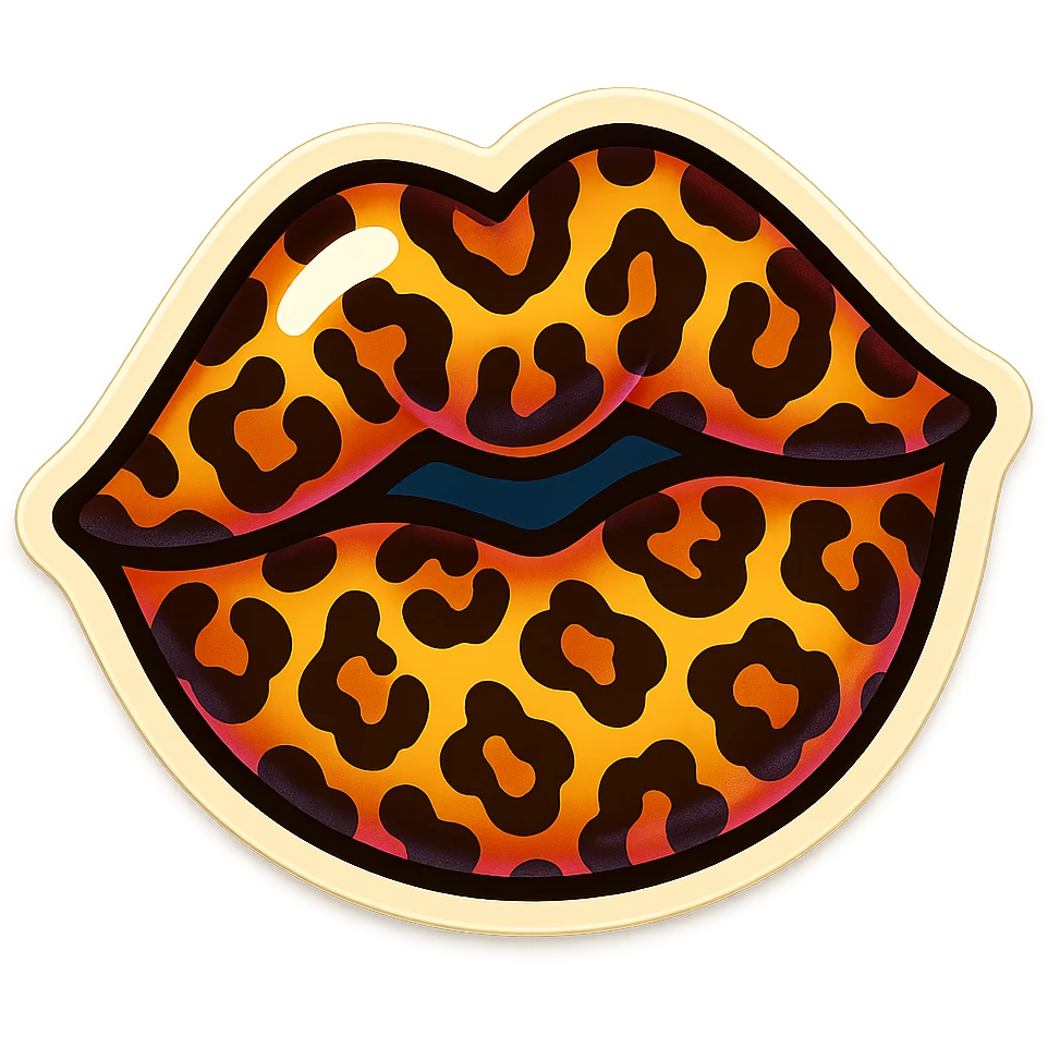 Make a stylized emoji of a lip print with a leopard print pattern, bright and cute, with smooth lines and expressive spots, no background. emoji