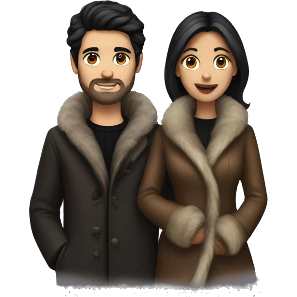 Dark haired couple in long fur coats emoji