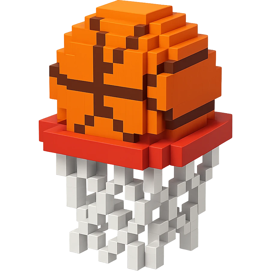A voxel-style basketball in a net, simple and clear emoji