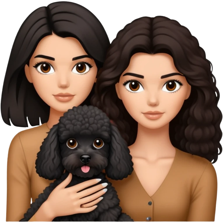 Kendall Jenner with long dark hair holding a brown poodle and a black schnauzer emoji