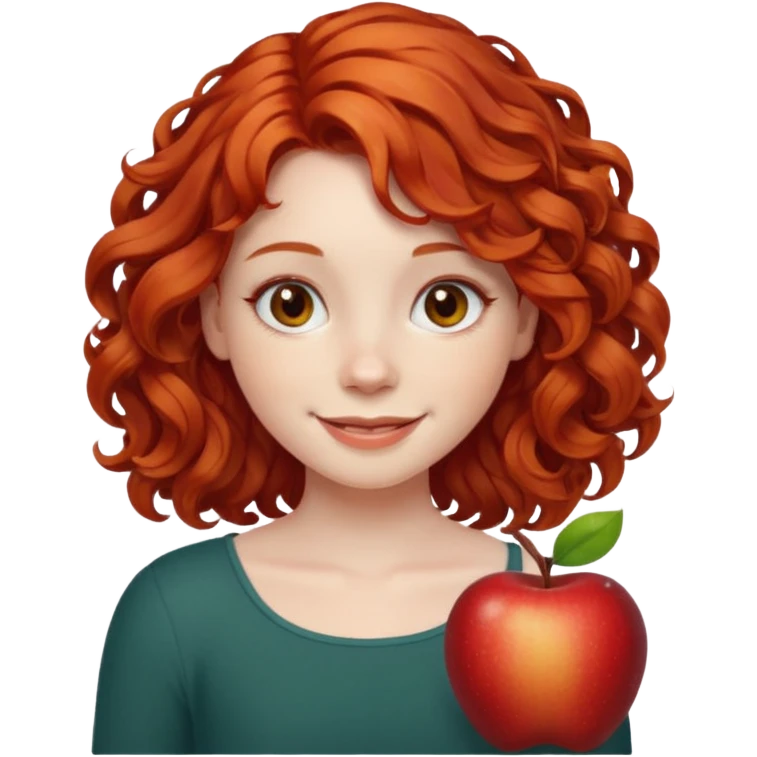 girl with shoulder length curly apple red hair with brown eyes and pale skin smiling emoji