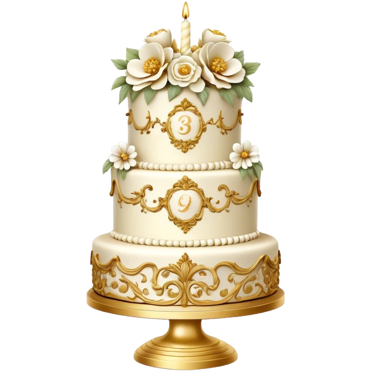 highly detailed white and gold rococo birthday cake with flowers emoji