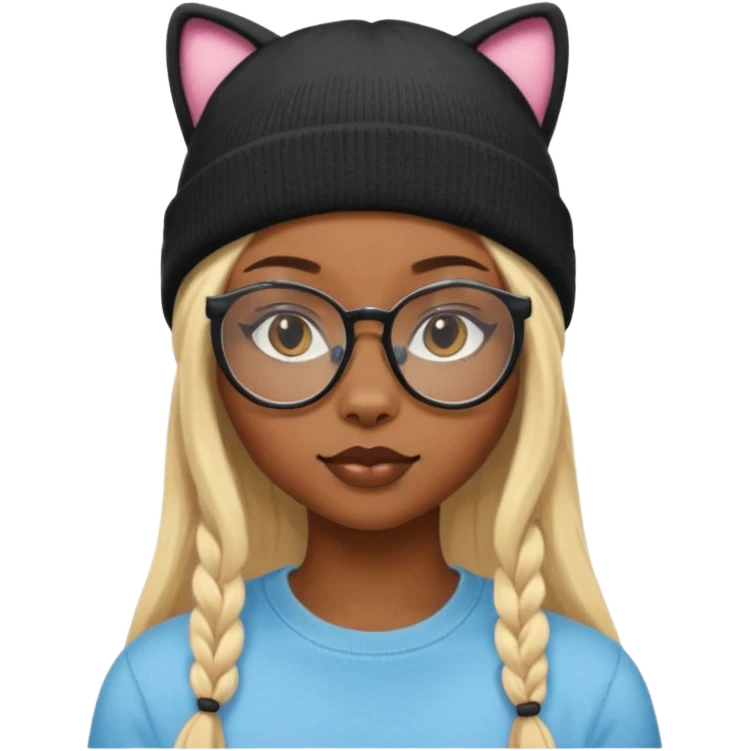 black skin, Blonde girl wearing cat  glasses and beanie, long hair emoji