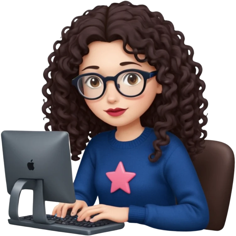 a white young woman with very long curly dark brown/chocolate hair typing in a computer. she's using round glasses, her lips are light red and her cheeks slightly pink. Her eyes are dark brown. She's using a dark blue knit sweater that has a tiny star in the middle   emoji