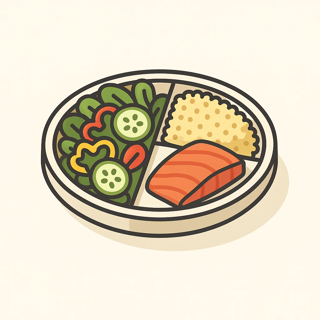Harvard plate: half with mixed salad greens, cucumbers, and bell peppers; one quarter with baked salmon as protein; one quarter with quinoa as complex carbs, 2D isometric illustration style emoji
