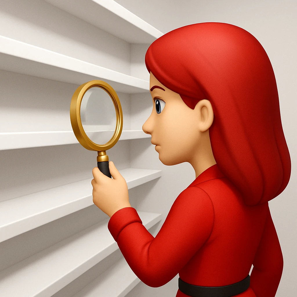 emoji of white empty shelf in perspective view with a standing woman nearby, she is looking at the shelfs with a magnifying glass, she is turned to the shelfs, emoji style, woman wearing a red dress, adjust the perspective to be more dramatic emoji